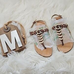 Guess Brown and Gold Braided Sandals with Buckle Accent